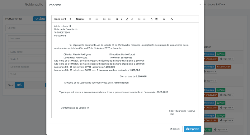 Documentos de reserva, entrega y recibo de lotería
